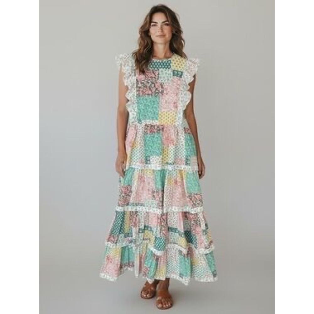 Simply Southern Hailey Patchwork Midi Dress Women's Size L Tiered Boho Chic NEW